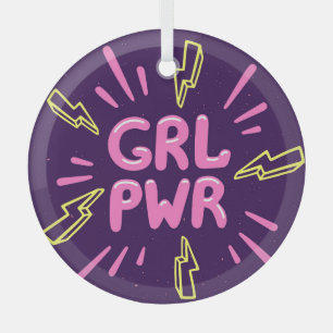 Girl power feminist slogan, violet background. glass ornament