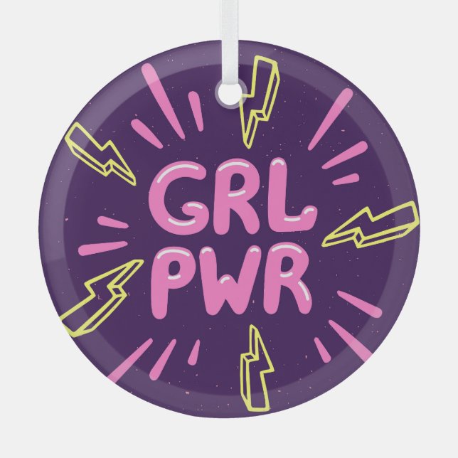 Girl power feminist slogan, violet background. glass ornament (Front)