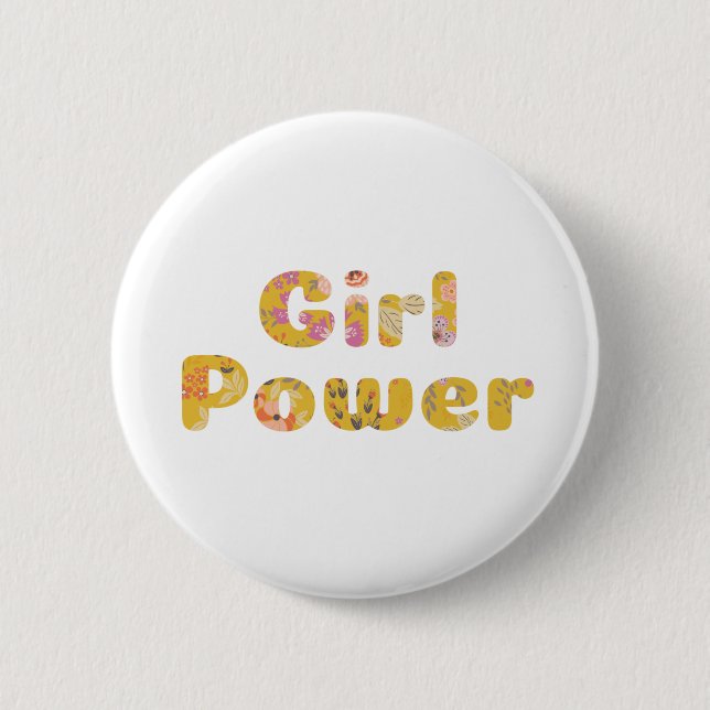 Girl Power Floral Lettering in Mustard Yellow 2 Inch Round Button (Front)