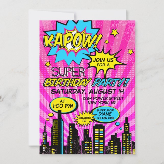 Girl Power Super Hero Comic Book Birthday Invitation (Front)