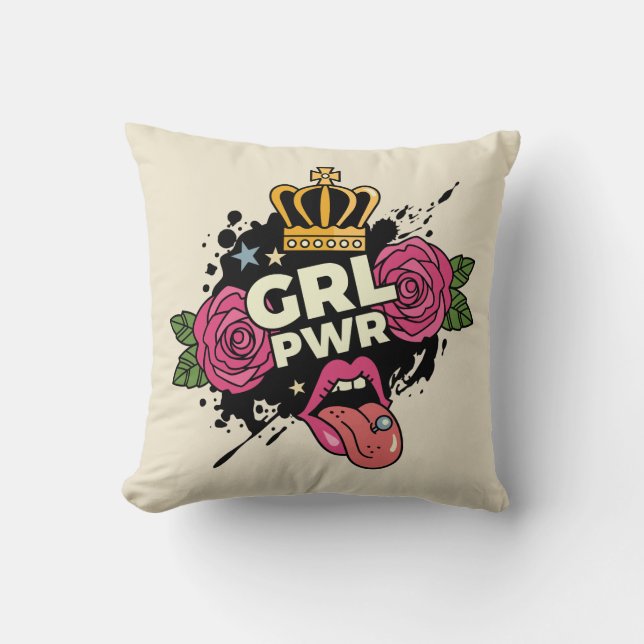 Girl Power Tattoo Style Throw Pillow (Front)