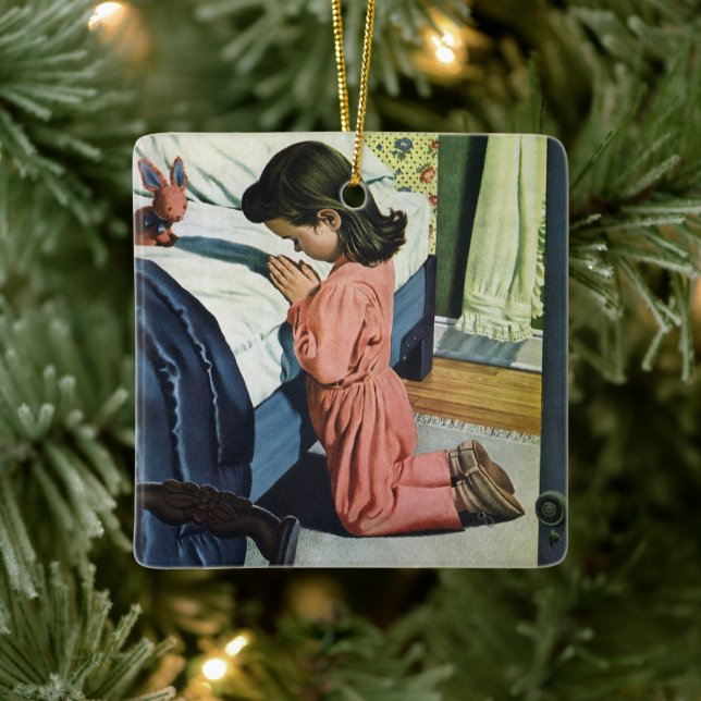 Girl Praying at Bedtime, the Lord's Prayer Ceramic Ornament (Tree)