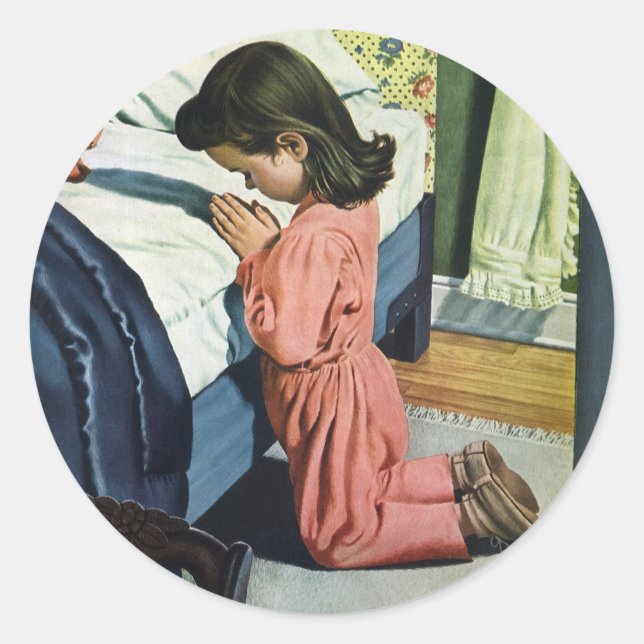 Girl Praying at Bedtime, the Lord's Prayer Classic Round Sticker (Front)