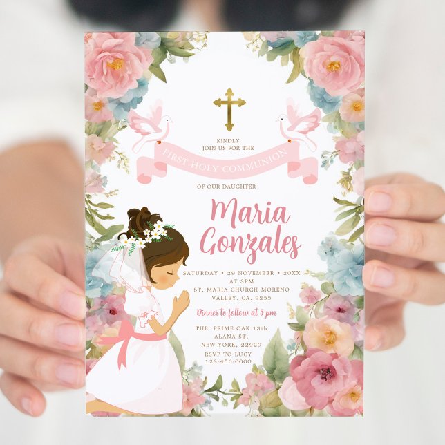 Girl Praying First Holy Communion Pink Floral Invitation (Creator Uploaded)