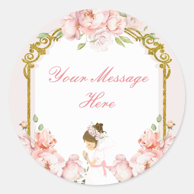 Girl Praying Gold 1st Holy Communion Your Message Classic Round Sticker (Front)