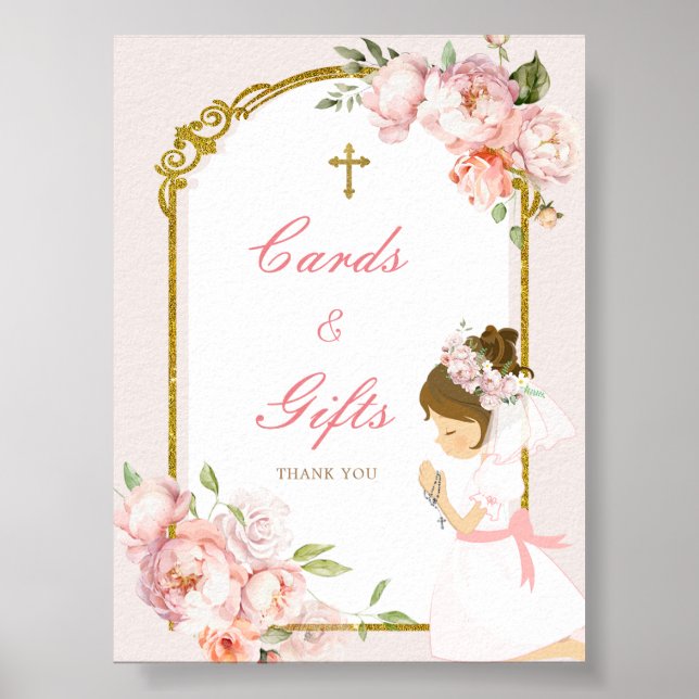 Girl Praying Gold First Holy Communion Card & Gift Poster (Front)