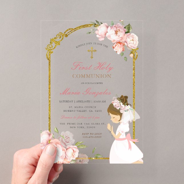 Girl Praying Gold First Holy Communion curly hair Acrylic Invitations (Insitu (Handheld))