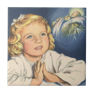 Girl Praying to Jesus Christ, Bedtime Prayers Tile