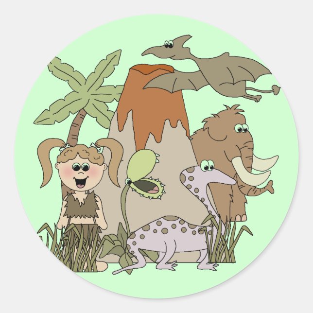 Girl Prehistoric Life Classic Round Sticker (Front)