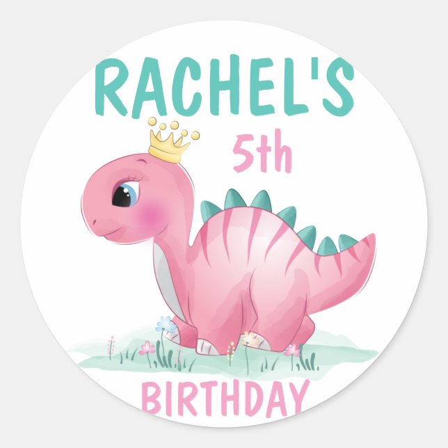 Girl Princess Dinosaur Pink & Teal Birthday Party Classic Round Sticker (Front)