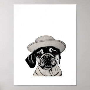 Girl Pug Dog Wearing Hat Black & White Print
