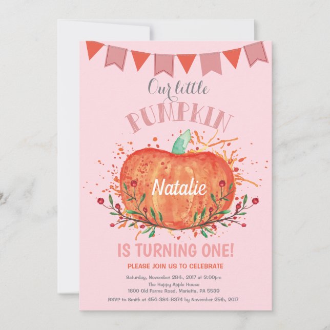 Girl Pumpkin Birthday Invitation Orange and Pink (Front)