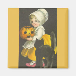 Girl Pumpkin Black Cat Vintage Halloween Magnet