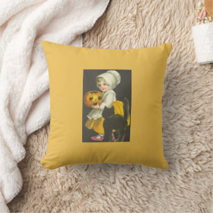 Girl Pumpkin Cat Vintage Halloween Throw Pillow