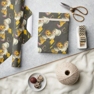 Girl Pumpkin Cat Vintage Halloween Wrapping Paper