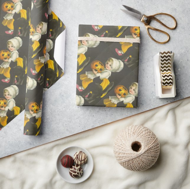 Girl Pumpkin Cat Vintage Halloween Wrapping Paper (Crafts)
