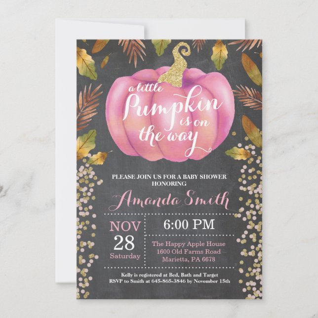 Girl Pumpkin Fall Baby Shower Gold Glitter Invitation (Front)