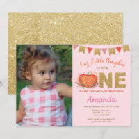 Girl Pumpkin Fall Birthday Invitation Gold Glitter