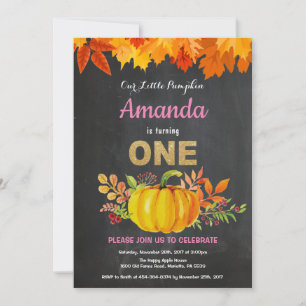 Girl Pumpkin Fall First Birthday Gold Chalkboard Invitation
