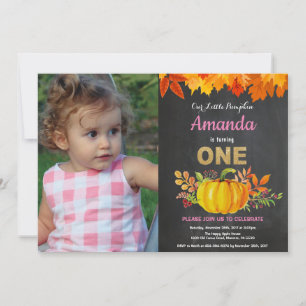 Girl Pumpkin Fall First Birthday Gold Chalkboard Invitation