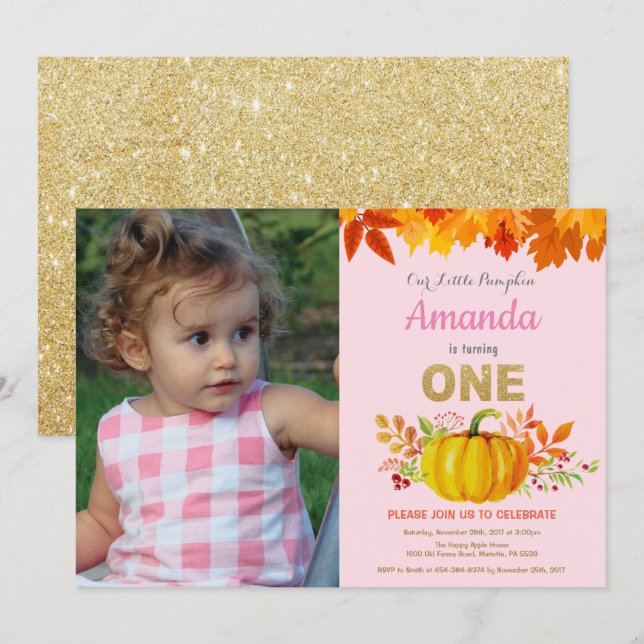 Girl Pumpkin Fall First Birthday Gold Glitter Invitation (Front/Back)