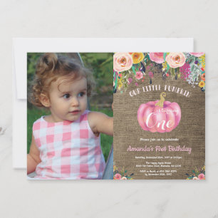 Girl Pumpkin First Birthday Floral Gold Burlap Invitation