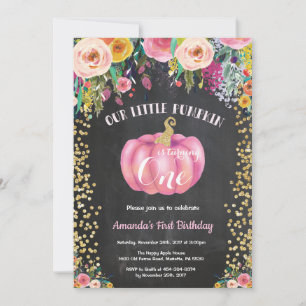 Girl Pumpkin First Birthday Floral Gold Chalkboard Invitation