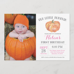 Girl Pumpkin First Birthday Invitation Pink