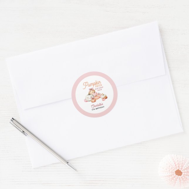 Girl Pumpkin Patch Bows Birthday Party Classic Round Sticker (Envelope)