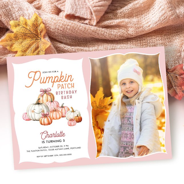 Girl Pumpkin Patch Bows Photo Birthday Party Invitation (Creator Uploaded)