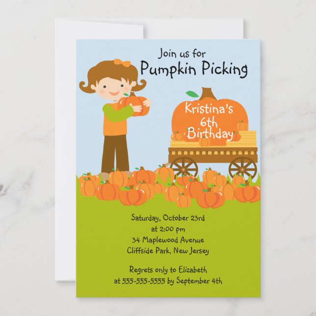 Girl Pumpkin Picking Birthday Party Invitations (Front)