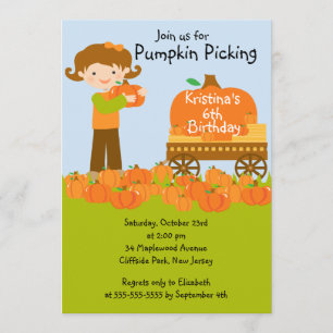 Girl Pumpkin Picking Birthday Party Invitations