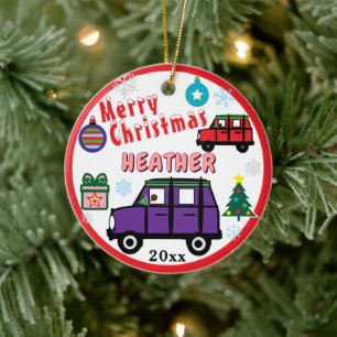 Girl Purple and Red Cars Blue PHOTO NAME Ceramic Ornament