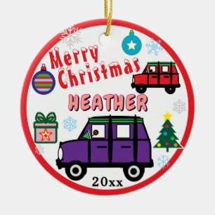Girl Purple and Red Cars Blue PHOTO NAME Ceramic Ornament