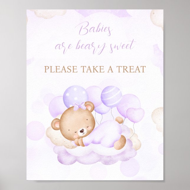 Girl Purple Bear Baby Shower Favour Sign (Front)