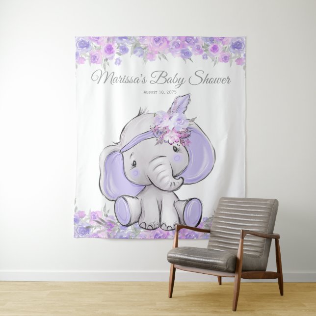 Girl Purple Boho Elephant Baby Shower L Backdrop Tapestry (In Situ)