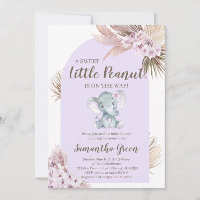 Girl Purple Elephant Baby Shower Invitation (Front)