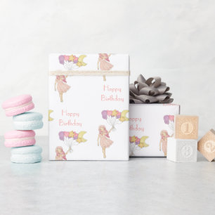 Girl Purple Heart Stars Moon Balloons Birthday Wrapping Paper