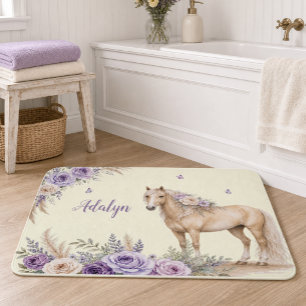 Girl Purple Yellow Rose Horse Monogram Bath Mat