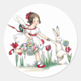 Girl, Rabbit and Easter Flowers Classic Round Sticker