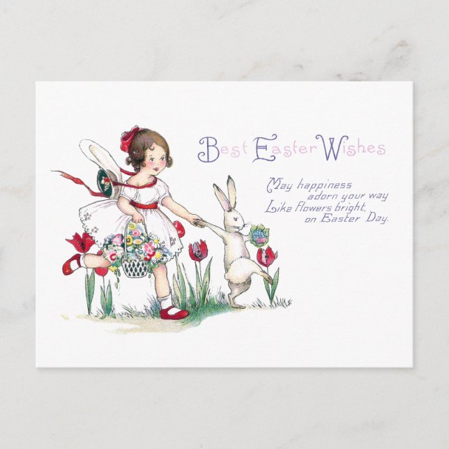 Girl, Rabbit and Easter Flowers Holiday Postcard (Front)