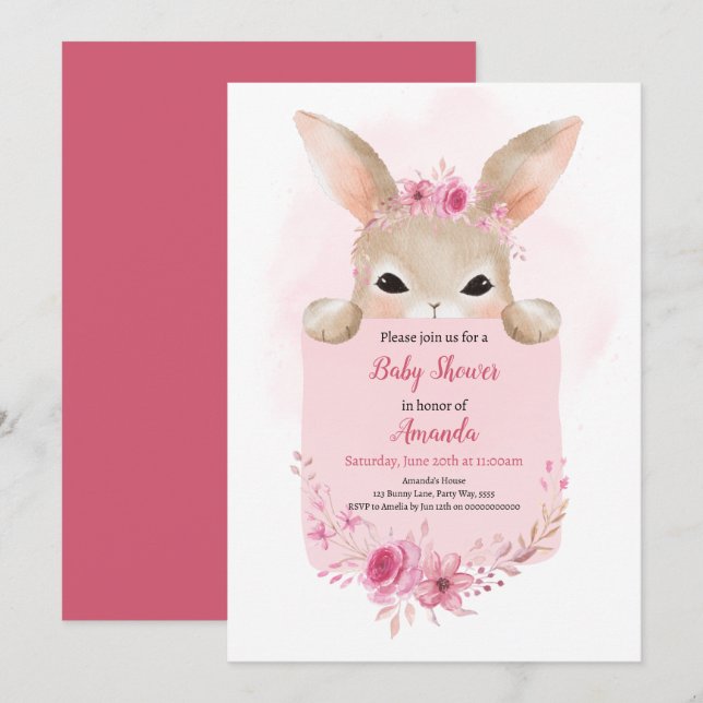 Girl Rabbit Baby Shower Pink Boho Rabbit Floral Invitation (Front/Back)