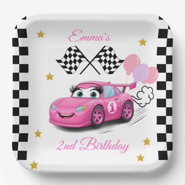 Girl Racing Birthday Plates | Fast One & Two Fast (Front)