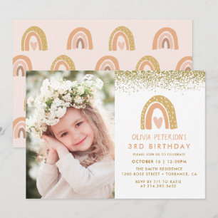 Girl Rainbow 3rd Birthday Photo Invitation