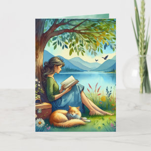 Girl Reading a Book under a Tree   Birthday Card