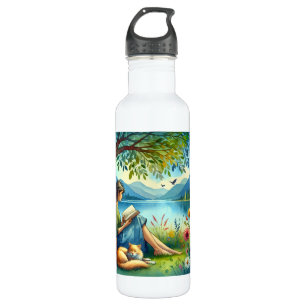 Girl Reading a Book under a Tree with a Sleepy Cat 710 Ml Water Bottle