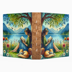 Girl Reading a Book under a Tree with a Sleepy Cat Binder