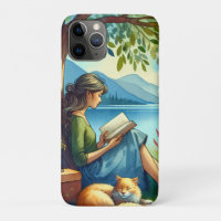 Girl Reading a Book under a Tree with a Sleepy Cat
