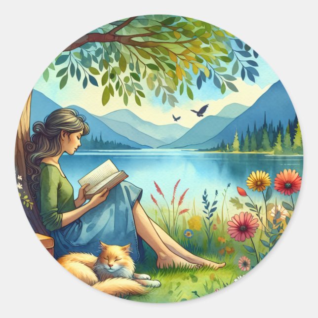 Girl Reading a Book under a Tree with a Sleepy Cat Classic Round Sticker (Front)