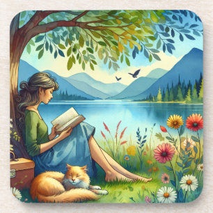 Girl Reading a Book under a Tree with a Sleepy Cat Coaster